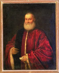 Portret van een oude man in rode gewaden